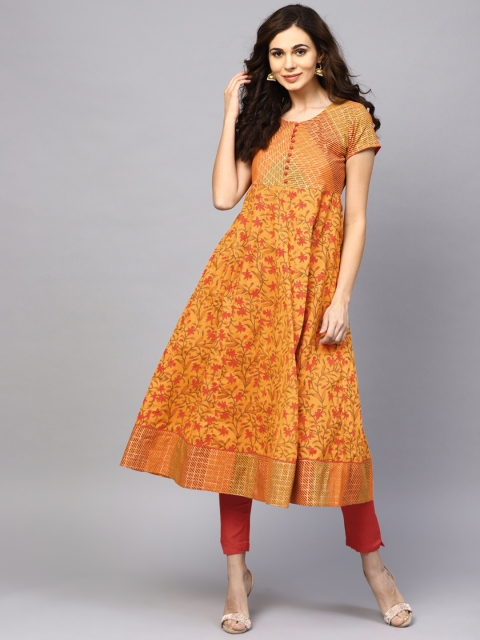 

AKS Women Mustard Yellow & Green Printed A-Line Kurta