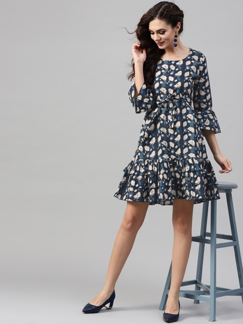 

AKS Women Blue Printed Drop-Waist Dress