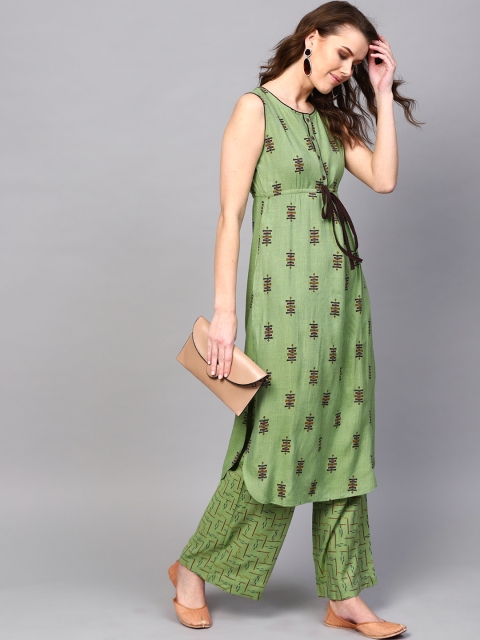 

AKS Women Green & Brown Printed Kurta with Palazzos