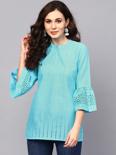 

AKS Women Blue Schiffli Embroidered Tunic