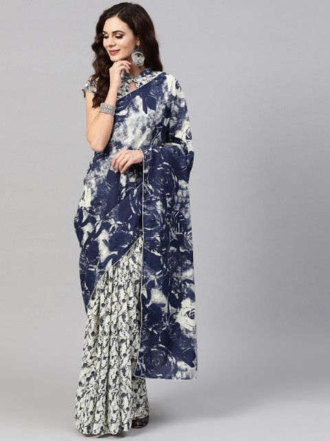 

AKS Off-White & Navy Blue Printed Saree
