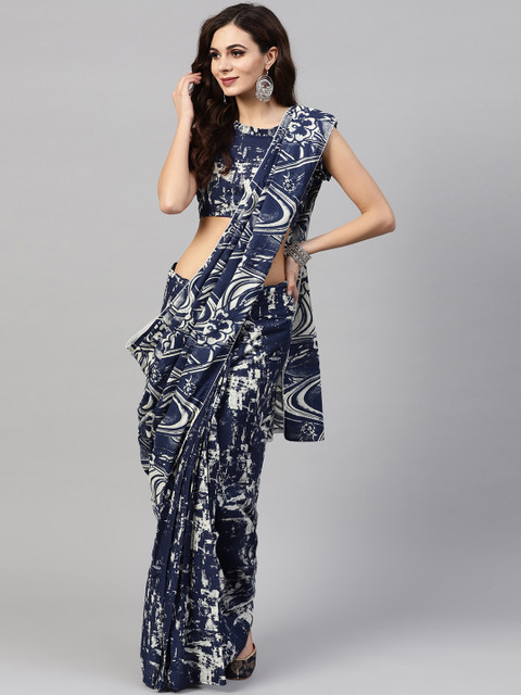 

AKS Blue & Off-White Printed Saree, Navy blue