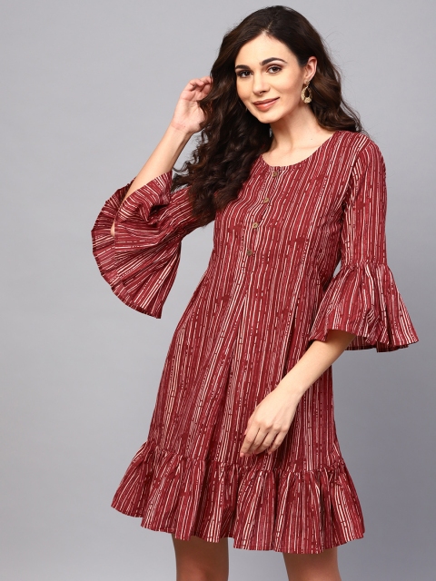 

AKS Women Maroon & Off-White Striped Drop Waist Dress