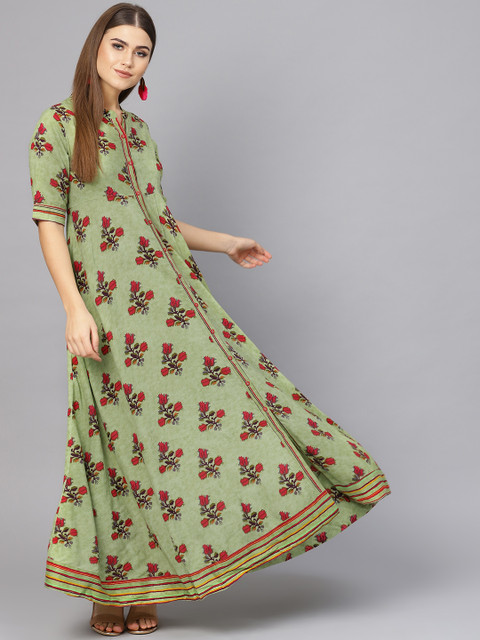 

AKS Women Green & Red Printed Maxi Dress