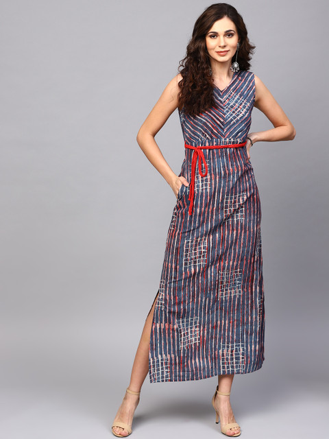 

AKS Women Navy Blue & Red Striped Maxi Dress