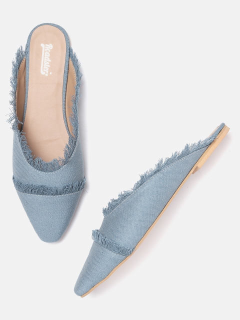 

Roadster Women Blue Solid Denim Mules with Fringes