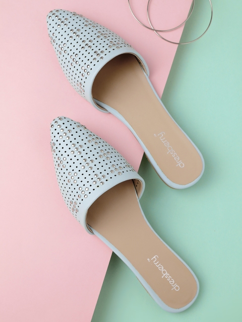 

DressBerry Women Mint Green Studded Mules with Laser Cuts