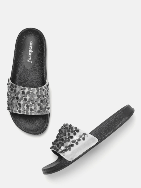 

DressBerry Women Silver-Toned & Gunmetal-Toned Floral Applique Open Toe Flats