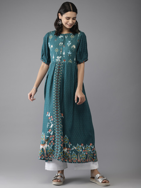 

Moda Rapido Women Teal Blue Printed A-Line Kurta
