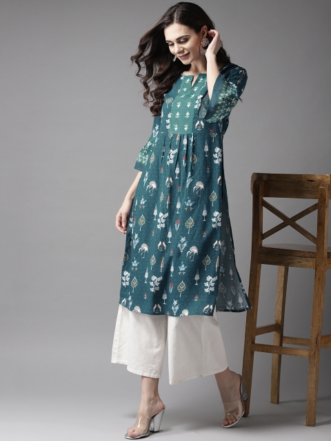 

Moda Rapido Women Teal Blue & White Quirky Printed Straight Kurta