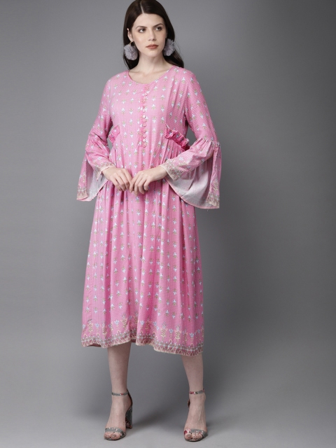 

Moda Rapido Women Pink & Green Printed A-Line Kurta