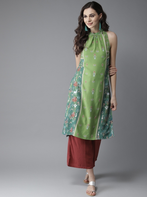 

Moda Rapido Women Green & Blue Quirky Print Straight Kurta