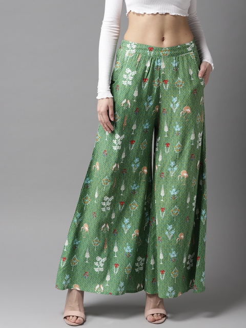 

Moda Rapido Women Green & White Printed Wide Leg Palazzos