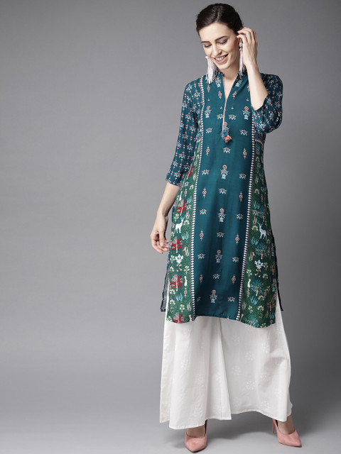 

Moda Rapido Women Teal Blue & White Printed Straight Kurta