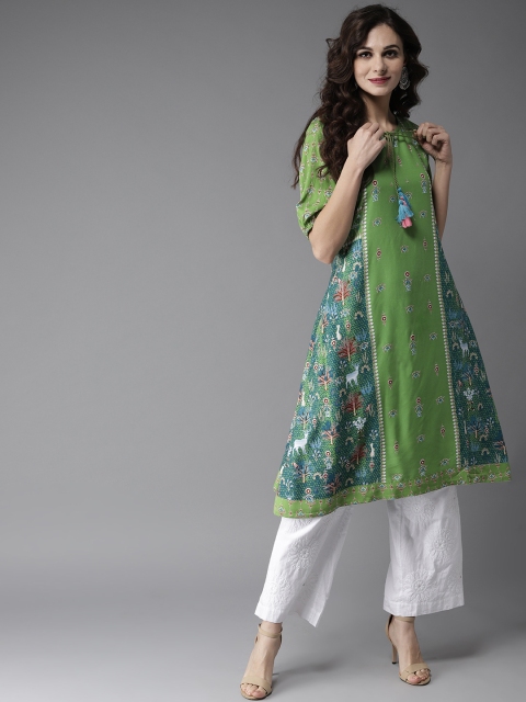

Moda Rapido Women Green & Blue Printed A-Line Kurta