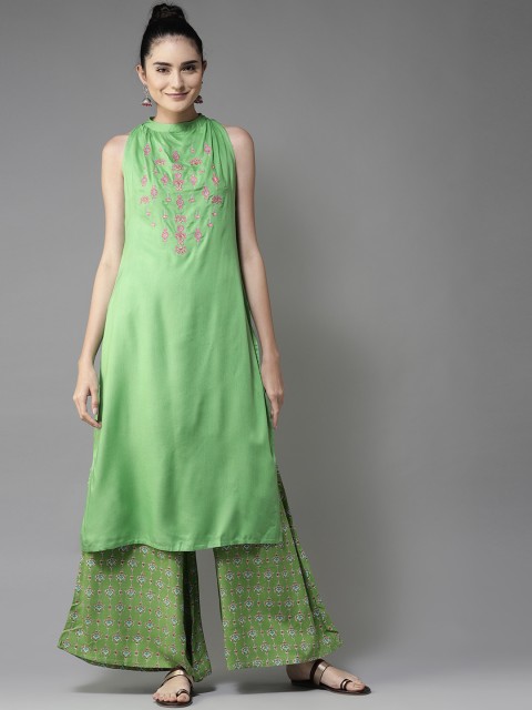

Moda Rapido Women Green & Pink Yoke Design Kurta with Palazzos