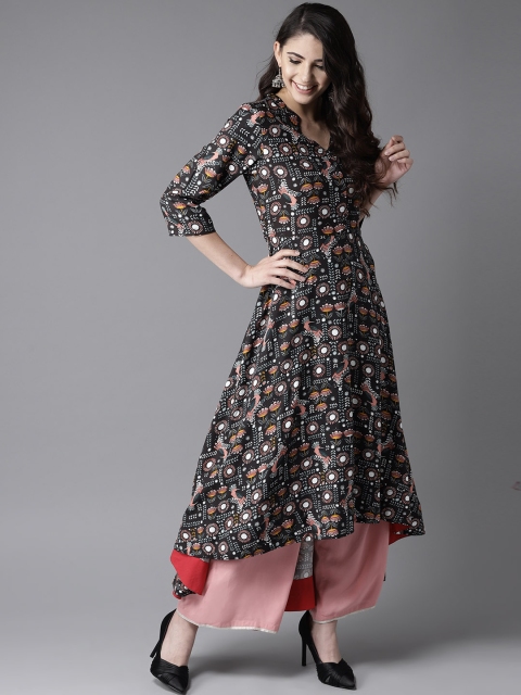 

HERE&NOW Women Black & Peach-Coloured Printed A-Line Kurta