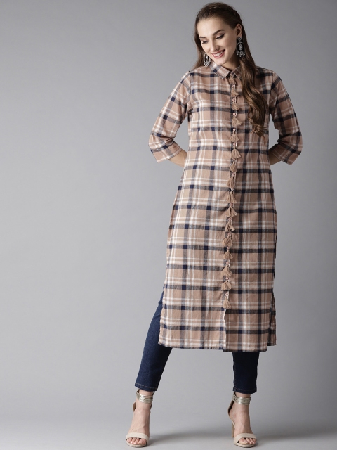 

HERE&NOW Women Brown & Navy Blue Checked Straight Kurta