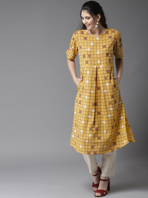 

HERE&NOW Women Mustard Yellow & Brown Checked A-Line Kurta