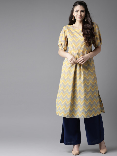 

HERE&NOW Women Mustard Yellow & Blue Chevron Print A-Line Kurta