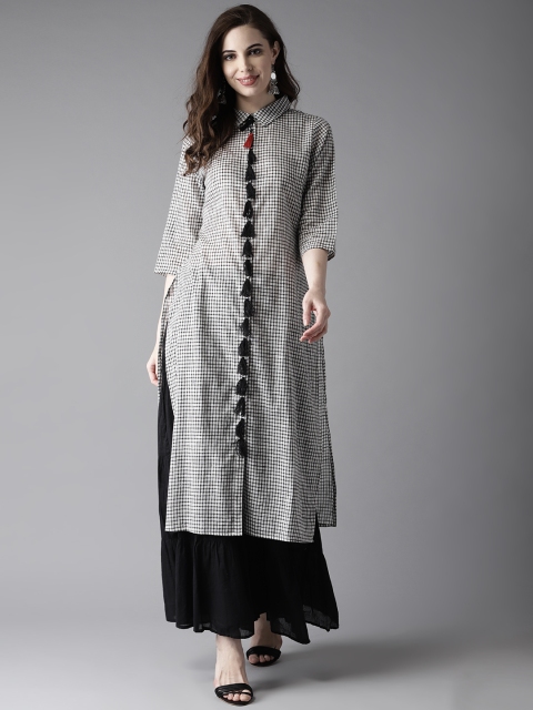 

HERE&NOW Women White & Black Checked Straight Kurta
