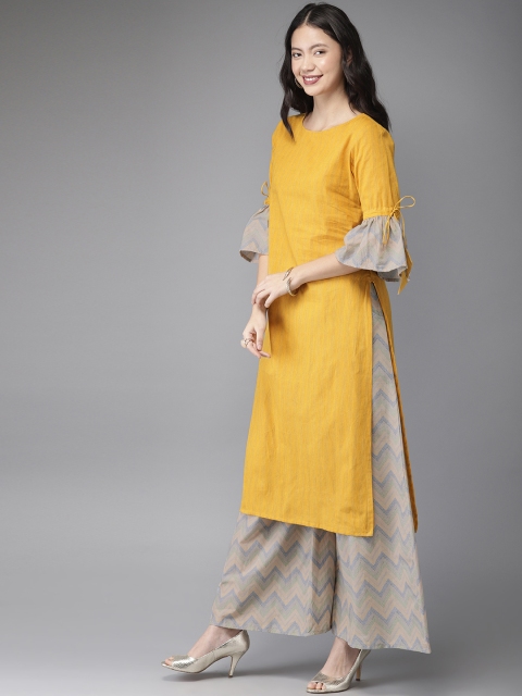 

HERE&NOW Women Mustard Yellow & Grey Striped Kurta with Palazzos