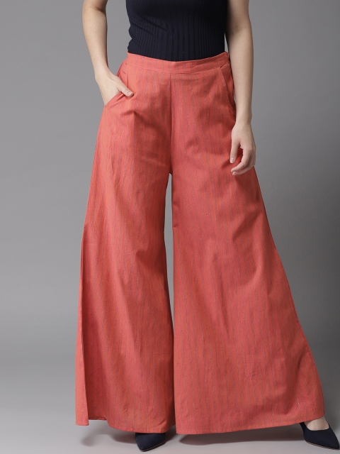 

HERE&NOW Women Coral Pink Striped Flared Palazzos