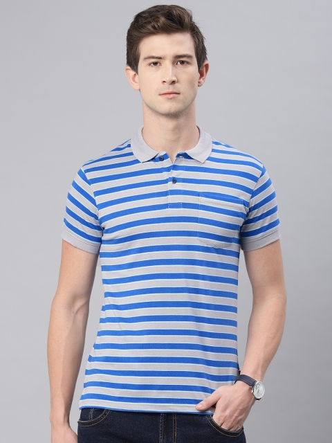 

Peter England Casuals Men Grey & Blue Striped Polo Collar T-shirt