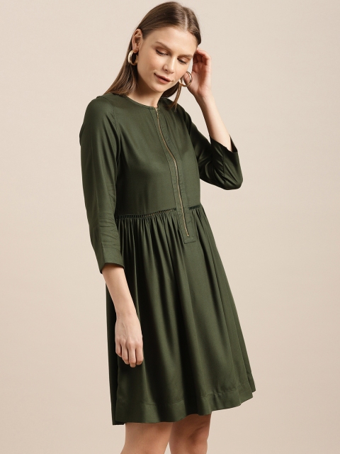 

her by invictus Women Olive Green Fit and Flare Dress