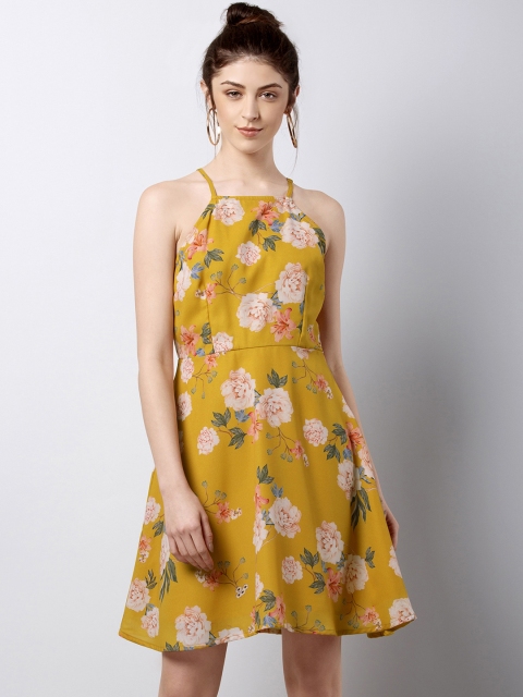 

FabAlley Women Mustard Yellow Printed Fit and Flare Dress