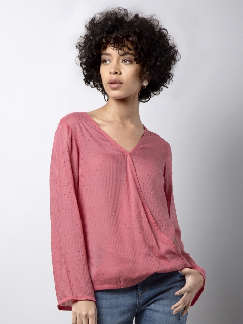 

FabAlley Women Coral Pink Self Design Wrap Top