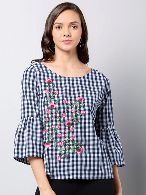 

FabAlley Women Blue & White Checked Pure Cotton Top