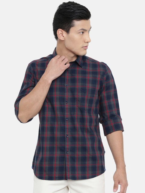 

Parx Men Olive Green & Navy Blue Slim Fit Checked Casual Shirt