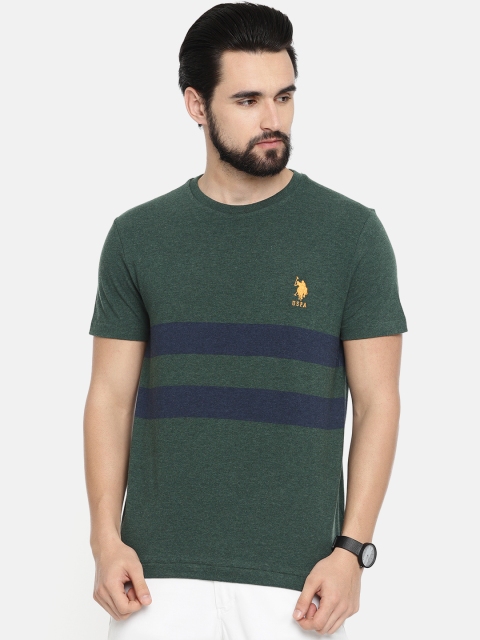 

U.S. Polo Assn. Men Green Navy Blue Striped Round Neck Pure Cotton T-shirt