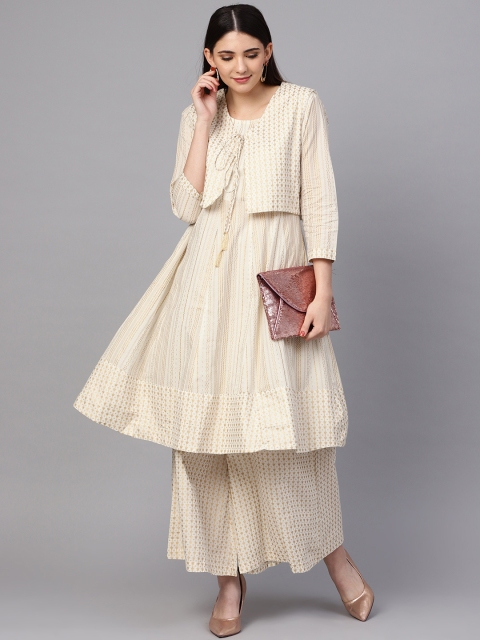 

Ishin Women Off-White & Golden Printed Kurta with Palazzos & Ethnic jacket