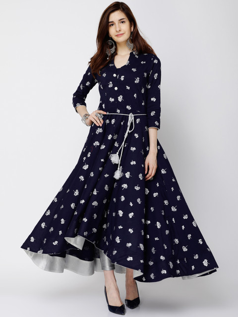 

Folklore Women Navy Blue & Silver-Toned Printed A-Line Kurta