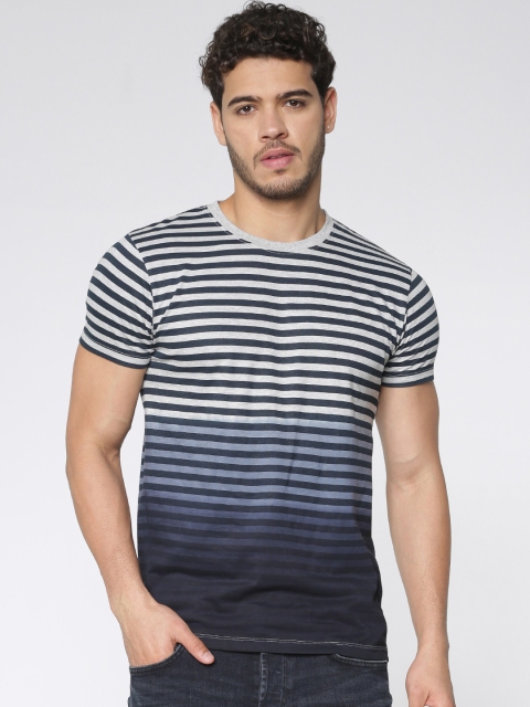 

ONLY & SONS Men Grey & Blue Striped Round Neck T-shirt