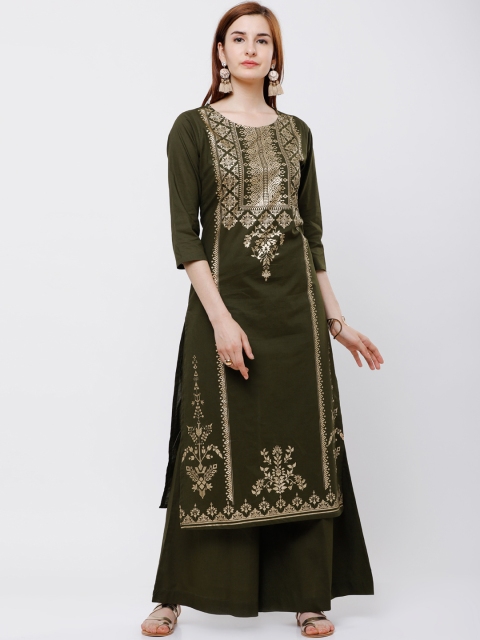 

Folklore Women Olive Green & Gold-Toned Printed Kurta with Palazzos