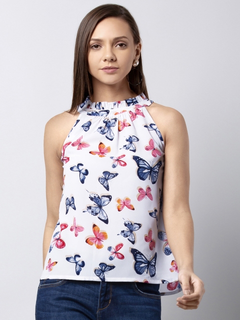 

FabAlley Women White & Blue Printed A-Line Top