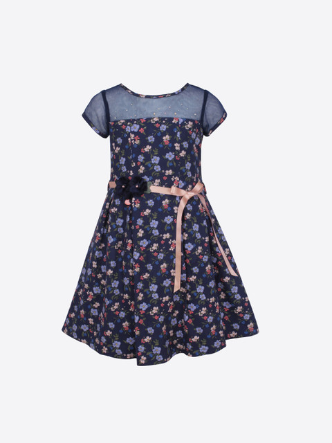 

CUTECUMBER Girls Navy Blue Floral Printed Fit and Flare Dress