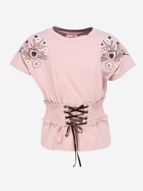 

CUTECUMBER Girls Peach-Coloured Printed Cinched Waist Top