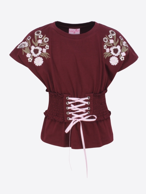

CUTECUMBER Girls Maroon Printed Cinched Waist Top