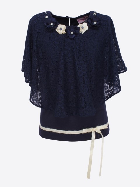 

CUTECUMBER Girls Navy Blue Self Design Cape Top