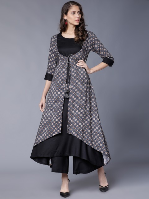 

Vishudh Women Grey & Black Printed Kurta with Palazzos