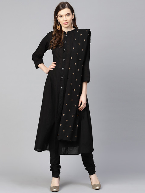 

Bhama Couture Women Black Solid Kurta with Churidar & Dupatta