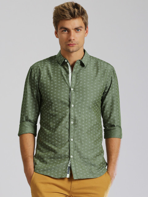 

Breakbounce Olive Green Printed Chambray Street Cool Casual Shirt