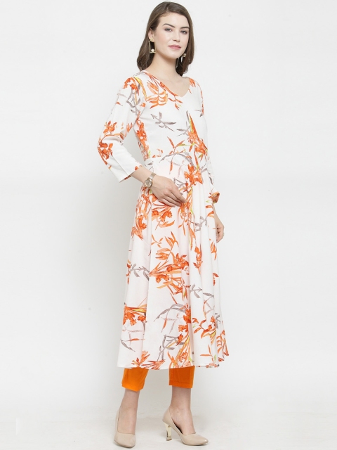 

Jompers Women White & Orange Floral Printed A-Line Kurta