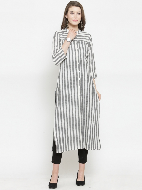 

Jompers Women Grey & Off-White Striped Straight Kurta
