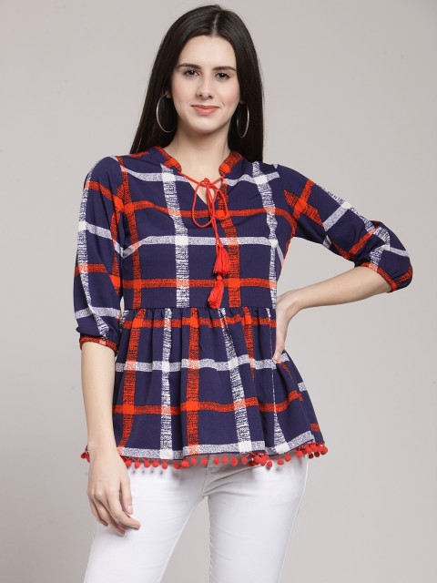 

plusS Women Blue Checked Peplum Top