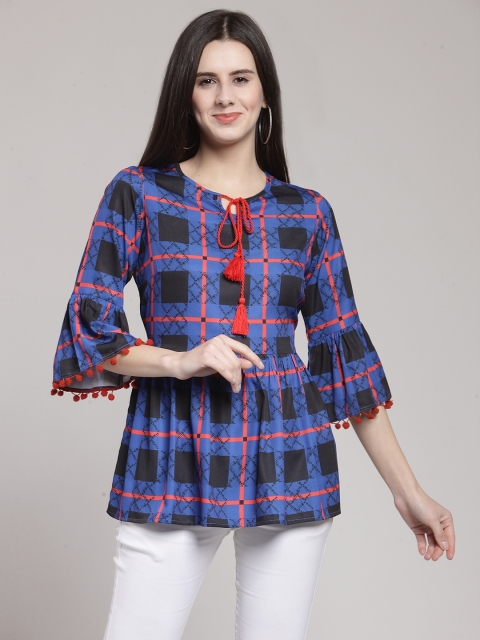 

plusS Women Blue Checked Peplum Top